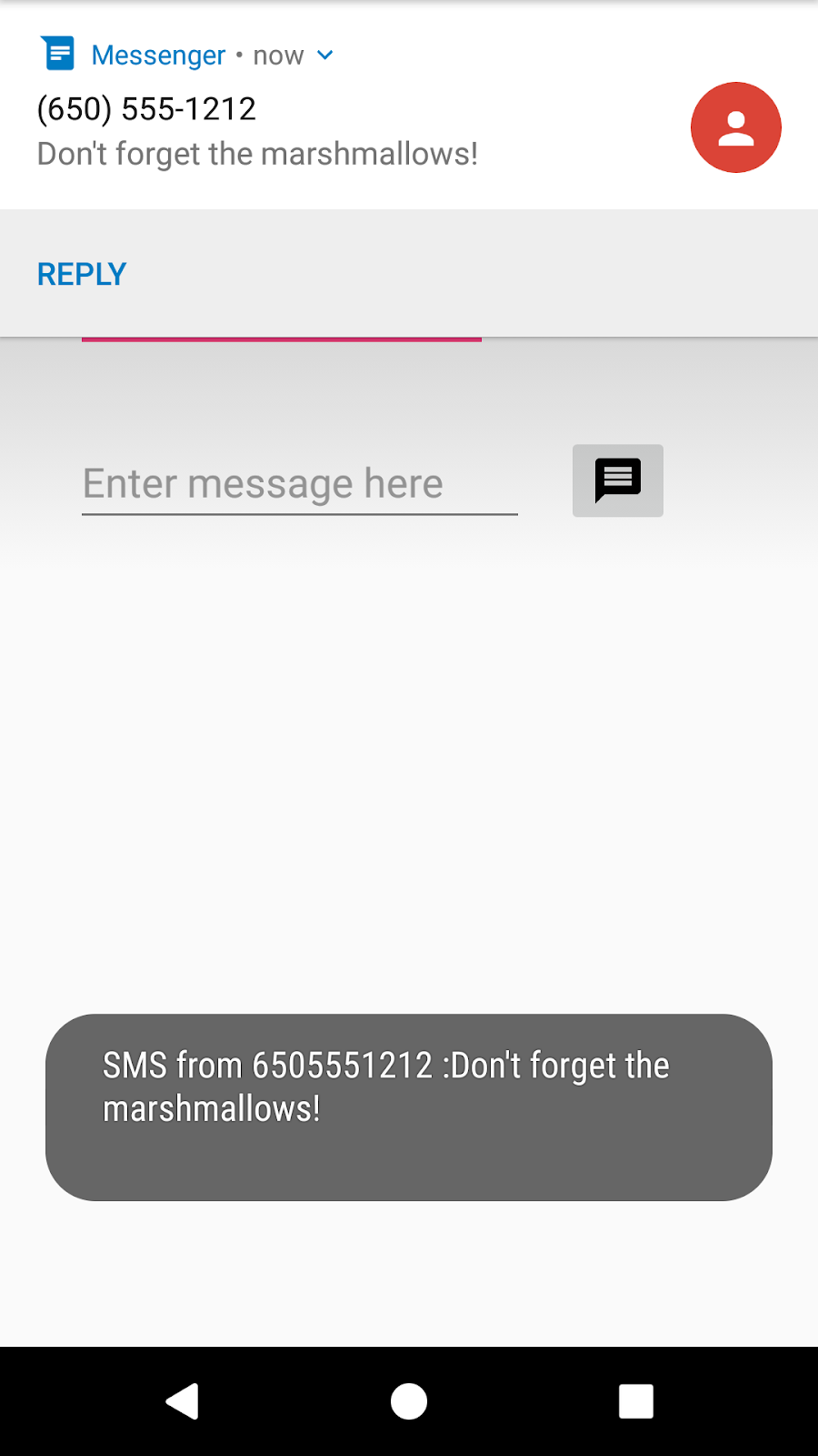 The app shows the receiving message